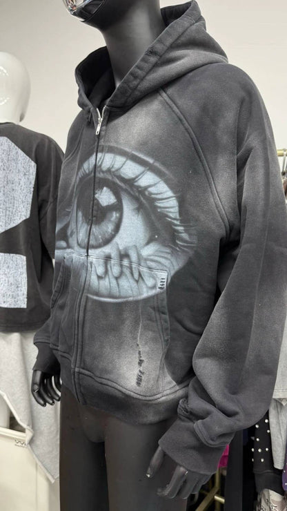 Oversize Fashion Artistic Eye Zip Up Hoodie